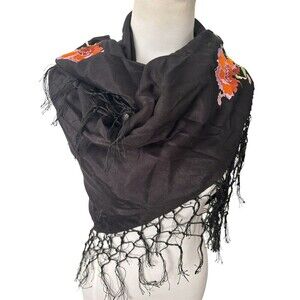 H&M Black Scarf with Orange Floral Embroidery